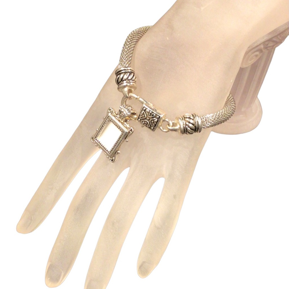 Silver Tone Engraved Mesh Metal Picture Frame Charm Bracelet